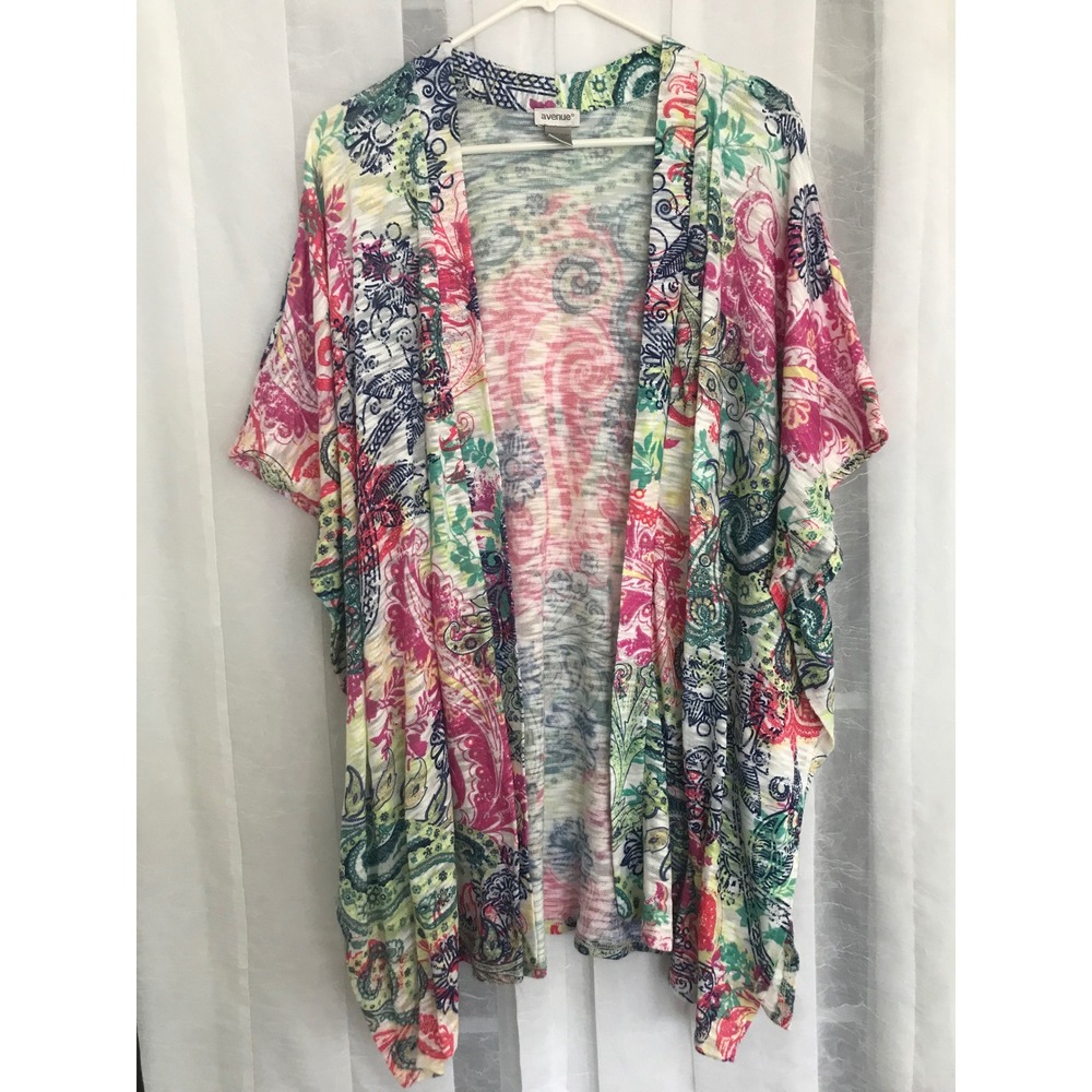 Avenue‎ Womens 18/20 Paisley Print Kimono Cardigan Pink Green Open Front Burnout